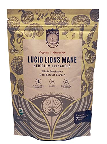 Hamilton's Lucid Lion’s Mane Organic Mushroom Extract Powder For Synaptic Repair High Potency Promotes Nerve Growth Factor, Focus Concentration, Organic Hericium Erinaceus Fruit Body Extract #TOP12