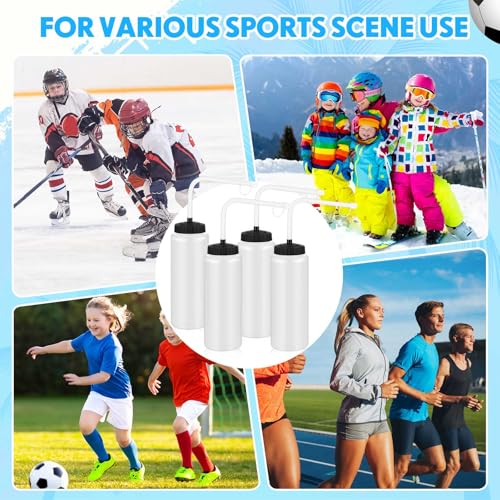 Domensi 4 Pack 32 oz Hockey Sports Water Bottle with Long Straw Bpa Free Easy Squeeze Plastic Bottle Helmet Friendly for Sport Hockey Football Lacrosse(Translucent,Classic)