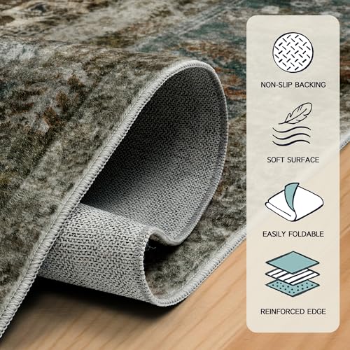 Image of AMERLIFE 5'x8' Area Rug, Machine Washable Vintage Area Rug- Soft Carpet with Non-Slip Backing for Living Room, Bedroom, Nursery- Retro Brown
