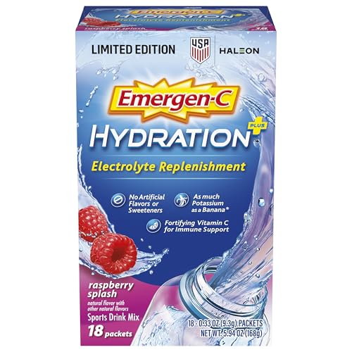 Image of Emergen-C Hydration+ Sports Electrolyte Replacement Sports Drink Mix Powder with Vitamin C, Raspberry Splash Flavor, Back to School Essentials - 18 - 0.33 oz On The Go Packets