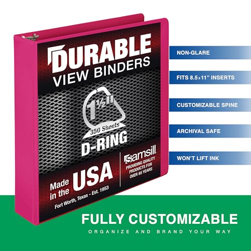 Image of Samsill Durable 1.5 Inch Binder, D Ring Binder, Customizable Clear View Cover, Magenta, Holds 350 Pages
