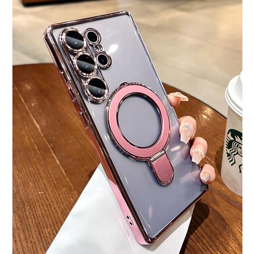 ZinLyuen Magnetic for Samsung Galaxy S26 Ultra Case Stand & Ring Holder Compatible with MagSafe Built-in Camera Lens Protector Phone Case for Samsung S26 Ultra - Pink