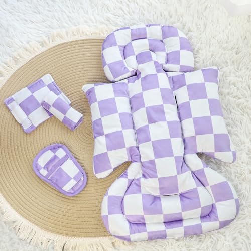 Image of DILIMI Infant Car Seat Insert, Baby Car Seat Head Support with 3 Strap Paddings, Soft Newborn Car Seat Cushion for Stroller, Swing, Bouncers, Purple Checkered