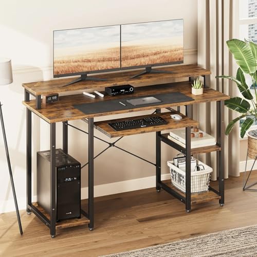 Image of Un-Desk Computer Table for Home Office and Study Table with 3 Shelf Workstation Desk for Desktop Pc Laptop and Gaming with Keyboard Tray Reversible Shelf Left and Right 150 CM Forest Dark