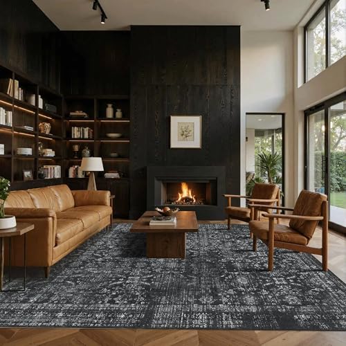 Rugxara 8x10 Area Rugs for Living Room Bedroom, Large Washable Rug, Black Vintage Floral Boho Rug, Non Slip & Low Pile Faux Wool Thin Carpet for Indoor Dining Room and Kids Room(Black 8x10ft) by Rugxara - Used condition - US$50.39