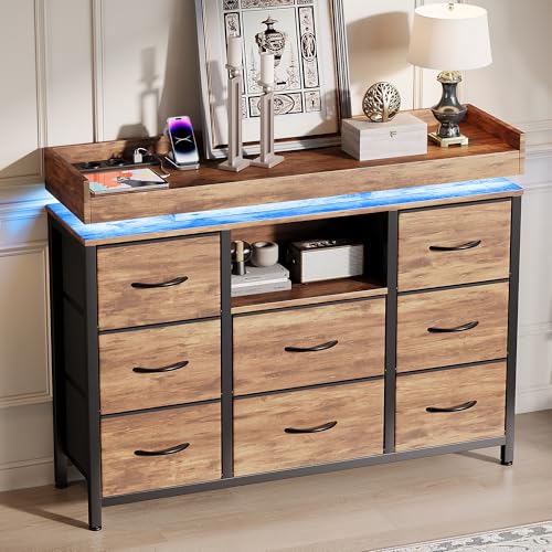 CXHLXYR - Cómoda de 8 cajones con LED, armario con 2 puertos USB y 2 puertos AC, mueble de almacenamiento de tela, armario de cajones multifuncional para dormitorio, pasillo, salón, 108 x 30 x 82 cm