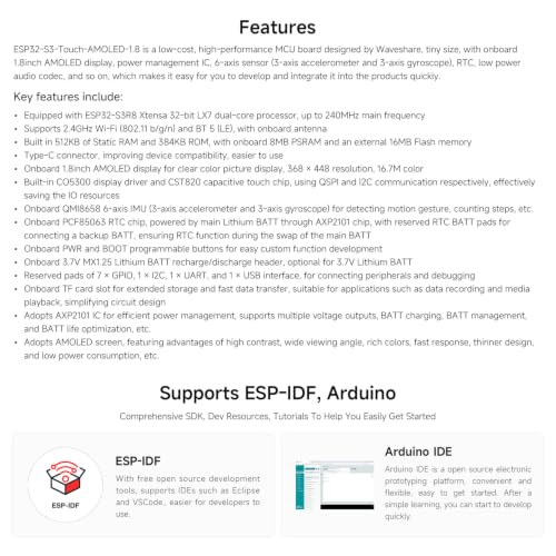 Waveshare ESP32-S3 1.8inch AMOLED Touch Display, Embedded with SH8601 Display Driver and FT3168 Capacitive Touch Chip, ESP32,32-bit LX7 Dual-core, 368×448 Pixels, Without Lithium Battery - Image 5