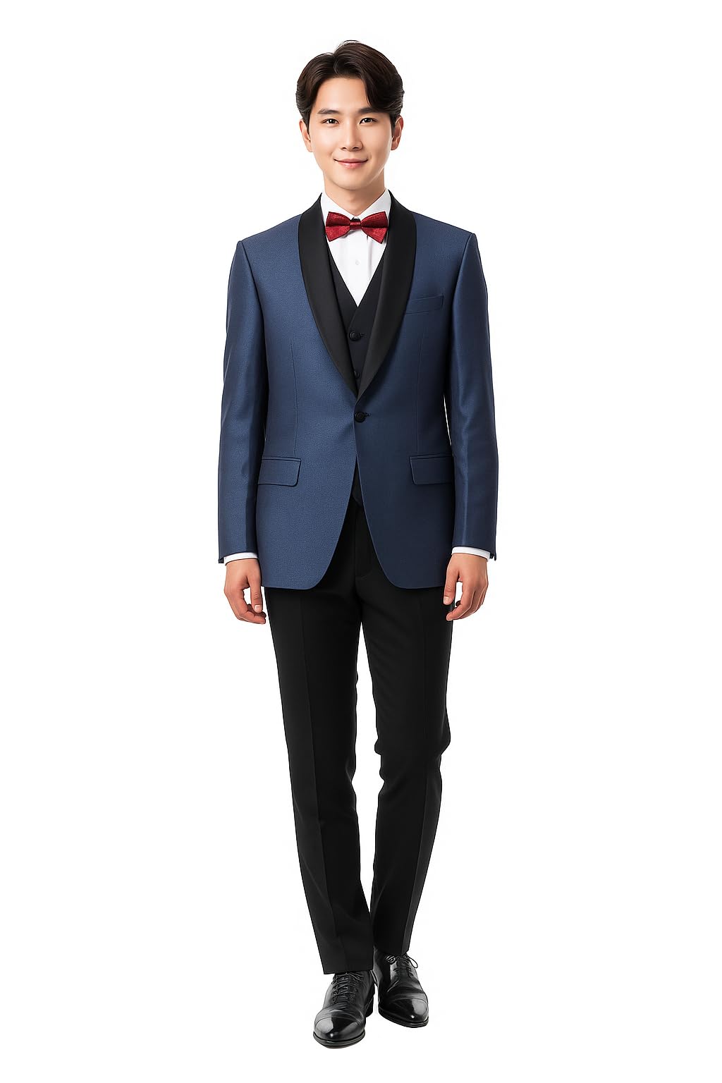Premium Three-Piece Formal Suit, Navy Blue with Black Shawl Lapel, Classic Tuxedo Style, Wedding Attire with Bow Tie-picture-19