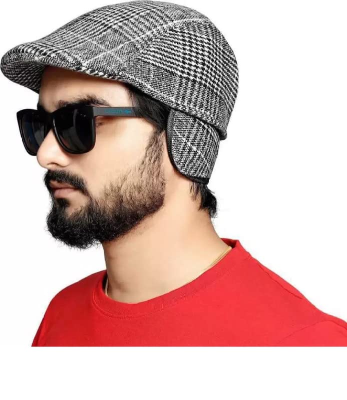 GenericNew Variety Store™ Unisex Autumn and Winter Plaid Beret - Brushed Fabric Warm Couple Hat With Ear Flap, Flat Golf Cap, Newsboys Cap in Grey