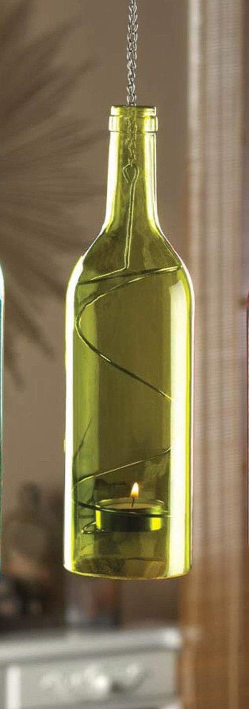 3 Recycled Dark Green Glass Wine Bottle Hanging Candle