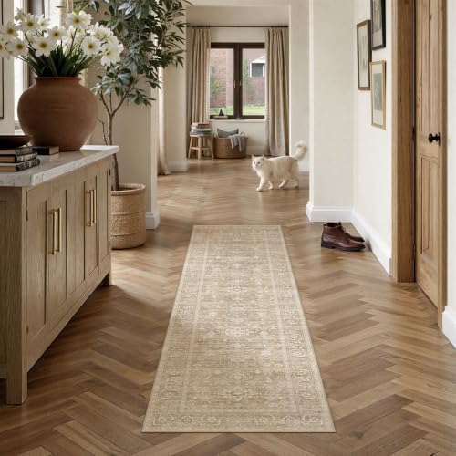 PureCozy Vintage Teppich Läufer Flur 60x180cm Beige Teppichläufer | Waschbarer Carpet,Weich Rutschfest Lang Teppiche,Küche Schlafzimmer Bettvorleger Büro Kurzflor Tepich Carpets Ru