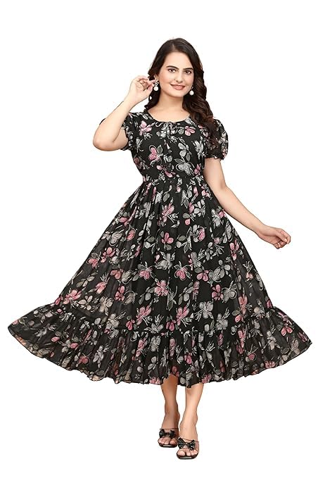 Women’s Georgette Dresses Floral Printed One Piece Stylish Long Maxi Western Frock Midi Dress for Women (Puffed Sleeves)