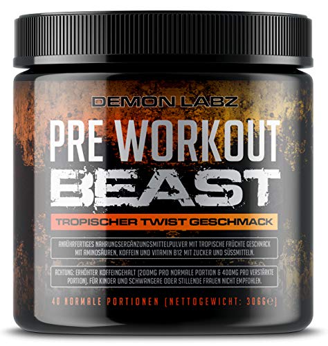 Pre Workout Beast (Tropischer Twist Geschmack) Hardcore Pre Workout Booster mit Koffein, Kreatin Monohydrat, Beta Alanin und Glutamin (306g - 40 Portionen)