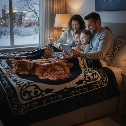 Image of HEMAKAS CLOTHINGS Luxurious Heavyweight Microfiber Korean-Style Plush Blanket, Floral Velvet, 240x220 cm, Winter Comfort, Single Layer (Black Multicolor, Single)