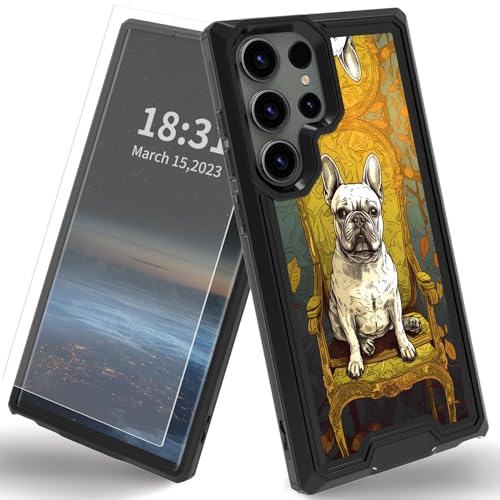 Qindaiwen for Samsung Galaxy S24 Ultra Case with Screen Protectors, Dual Layer Protective Hard PC Back & Soft Bumper Resilient Shock Absorb Case Cover for Samsung S24 Ultra, French Bulldog