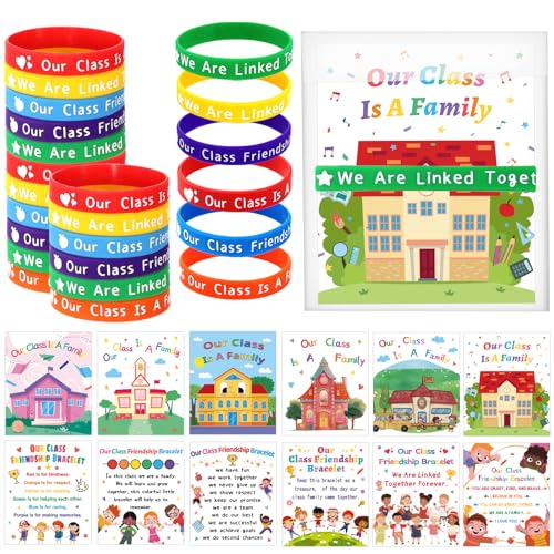 MUOUAKATE 24 Set Back to School Gifts Sets Our Class Is A Family Silicone Bracelet and Friendship Greeting Card with OPP Bag First Day of School End of Year Classroom Exchange Gifts