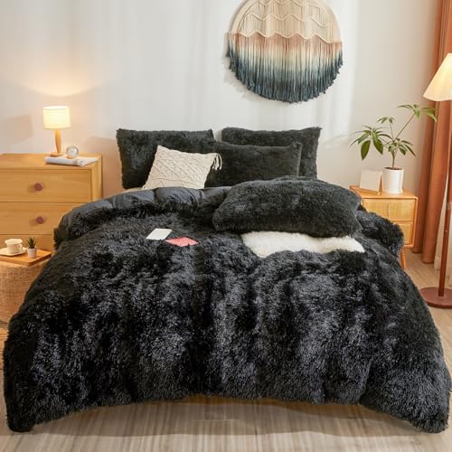 Fluffy Faux Fur Black Comforter Cover Queen Set – Plush Fluffy Black Bedding 3-Piece Set (1 Duvet Cover + 2 Furry Pillow Shams) Cozy Bed Set