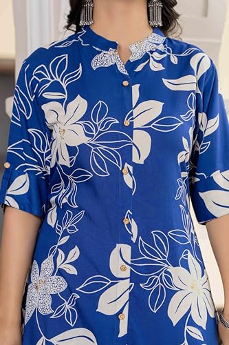 Image of Women's Floral Print Rayon Kurta Palazzo, Round Neck Half Sleeve, Regular Fit, Ethnic Casual Wear