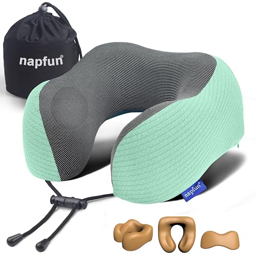 Image of napfun Neck Pillow for Traveling, Upgraded Travel Neck Pillow for Airplane 100% Pure Memory Foam Travel Pillow for Flight Headrest Sleep, Portable Plane Accessories, Turquoise