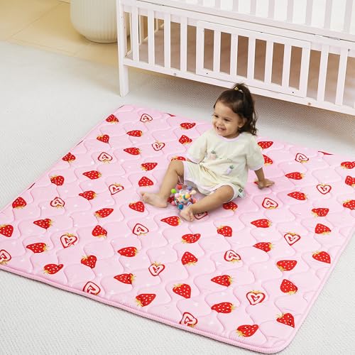 Image of Viviland Baby Play Mats for Floor, Thicken Cushioning Padding Foam Playmate for Baby and Toddlers Infants, 50" x 50" Playpen Mat, Non-Slip & Machine Washable - Pink Strawberry
