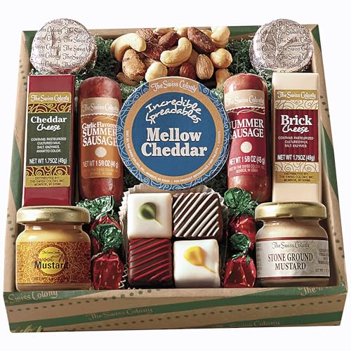 The Swiss Colony Holiday High Notes Gift Basket Assorted Summer Sausage Meats and Cheeses, Chocolate...