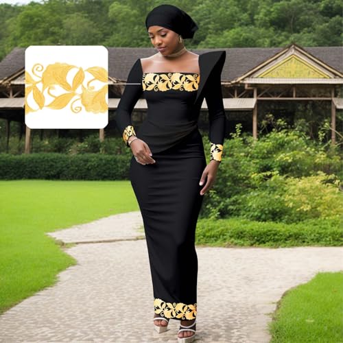 Image of African Dresses for Women High Waist Embroidery Elegant Traditional Midi Dress with Headscarf