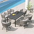 Grand patio 7-Piece Outdoor Dining Set for 6, Patio Dining Furniture Set for 6 Swivel Rope Wicker Chairs & 1 Straight Legs Rectangular Dining Faux Woodgrain Table with Umbrella Hole, Grey