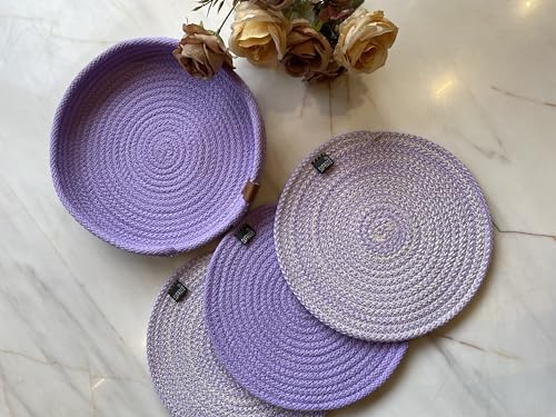 Image of Retro Polypropylene 3 Pc Round Trivet with Basket Holder, Braided Pot MAT, Side Table Mat, Machine Washable Small Place Mat for Casserole for Dining Table (9 inch Dia)