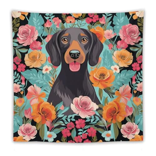 Tapisserie murale pour dortoir d'étudiant et salon au motif chien floral bohème