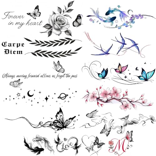 Image of Bilizar 14 Sheets Unique Butterfly Plum Blossom Temporary Tattoos For Women Adults Clavicle Tattoo Sticker, Realistic Fish Bird Fake Tattoos Rose Flowers Leaf Body Art Tatoos Long Lasting Waterproof