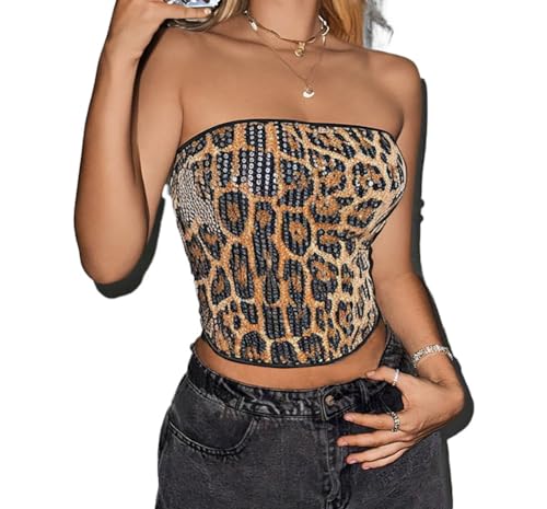 Women Cheetah Print Top Sequin Tube Top Bustier Corset Stretchy Sleeveless Shirt Y2k Crop Tops4