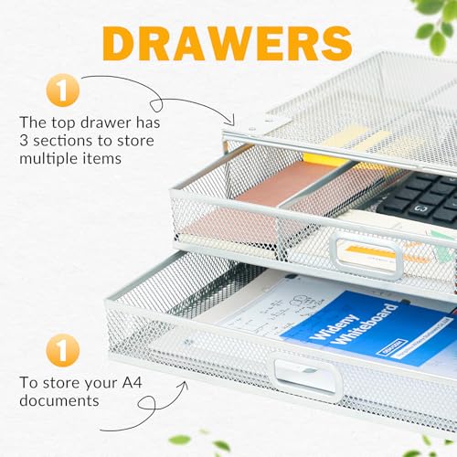 DESKORGA Verstärkte Untertischschublade – 2 ausziehbare Schubladen A4 – Aufbewahrungs-Organizer aus Metall (grau)
