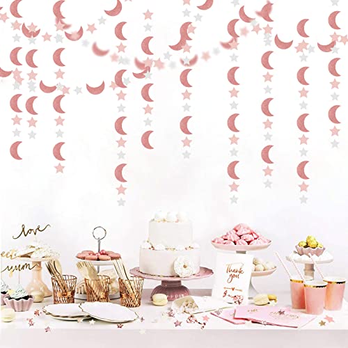 Image of Pink Rose-Gold Moon-Star Party-Decorations Garland - 52Ft Twinkle Little Star Hanging Decoration Streamers Banner, Eid Ramadan Mubarak Decoration Birthday Wedding Baby Shower Party Decor Panduola