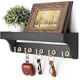 Rebee Vision Key Holder for Wall with Shelf : Decorative Key Organizer with 5 Rustic Keys Hooks and Primitive Wood Mail Organizer Wall Mount - Entryway Décor (Black)