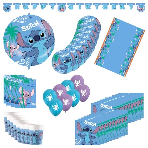 Procos - Décoration d'anniversaire Stitch, set de 55 pièces, contient 8 assiettes en carton, 8 gobelets en carton, 20 serviettes, nappe, guirlande, 8 ballons, un ballon en plastique, 8 sacs de fête