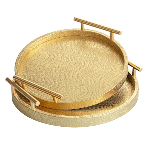 MACVAD 2 Piece Golden Round Serving Tray with Handles, Woven-Texture Faux Leather Ottoman Tray for Living Room, Decorative Tray for Coffee Table Home Decor
