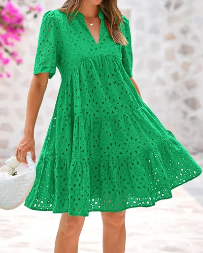 Image of BTFBM Womens Boho Summer Dresses 2026 Spring V Neck Short Sleeve Hollow Out Lace Ruffle Casual Beach Mini Vacation Dress