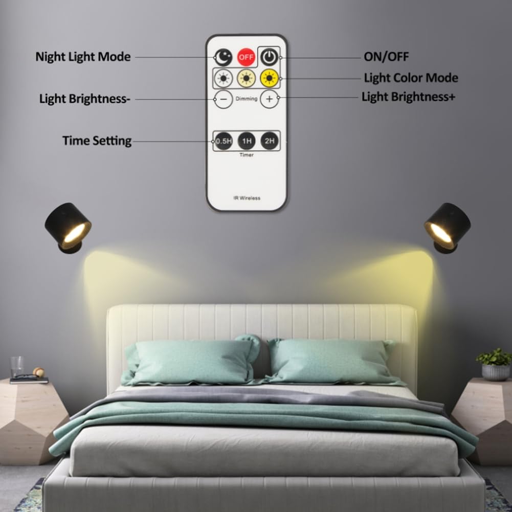 Wuden USB Rechargeable LED Lights with Remote 3 Color Temperatures Brightness Dimmable 360° Rotatable Magnetic Installation B