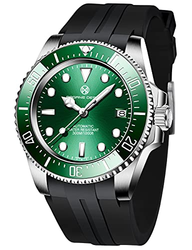 Pagani Design Orologio da Uomo NH35 Meccanico Automatico Data Analogico Orologio in Acciaio Inossidabile, Orologio da Immersione in Oro Giallo, Lunetta in Ceramica, Cristallo Zaffiro Sintetico, verde