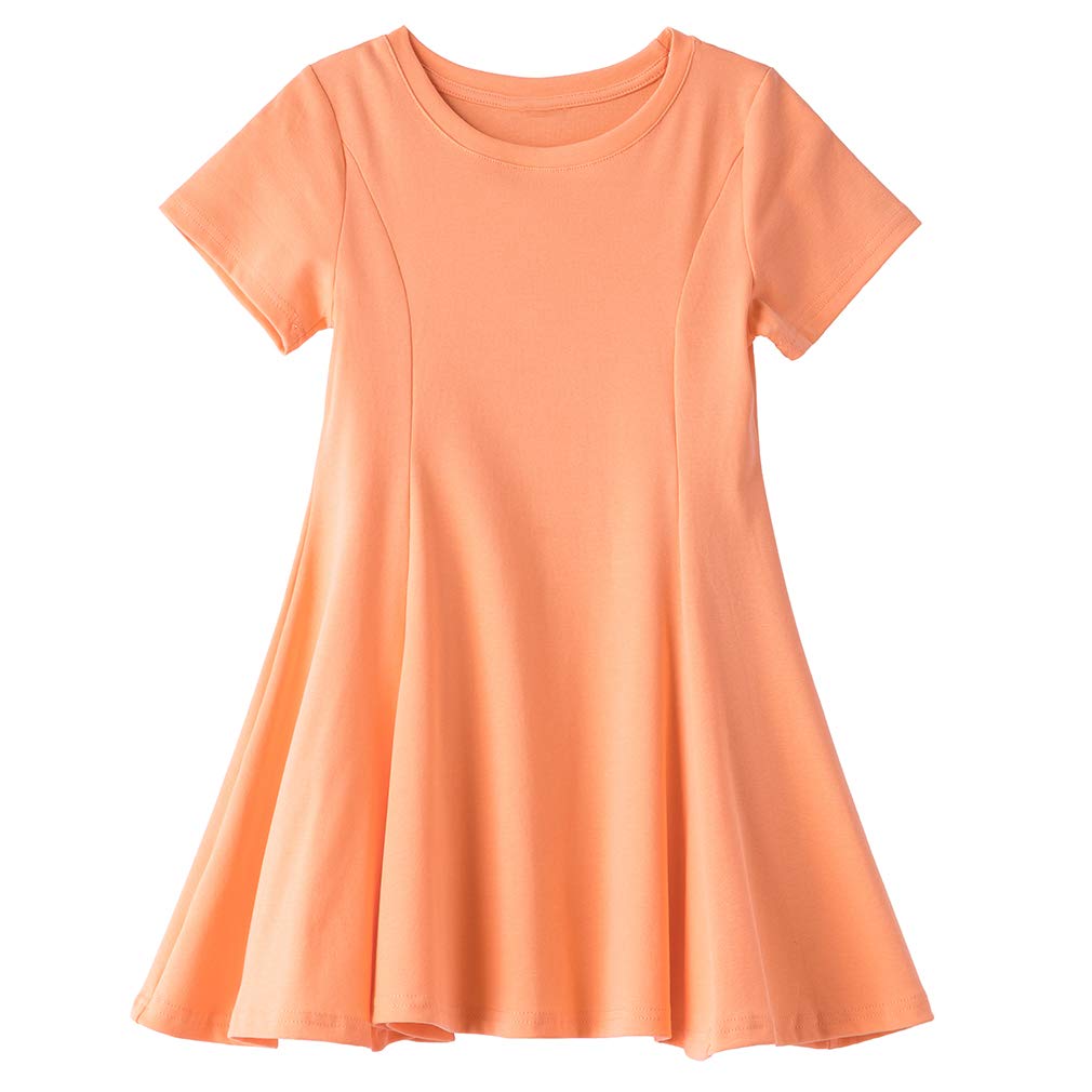 Csbks Toddler Girls Short Sleeve Cotton Dress A-Line Twirly Skater Dresses Neon Orange 120