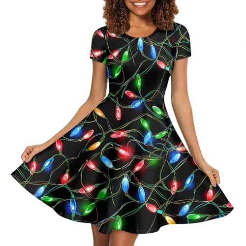 Image of POLERO Women Puffy Swing Elegant Party Midi Dresses Short Sleeve Round Neck A-Line Dress
