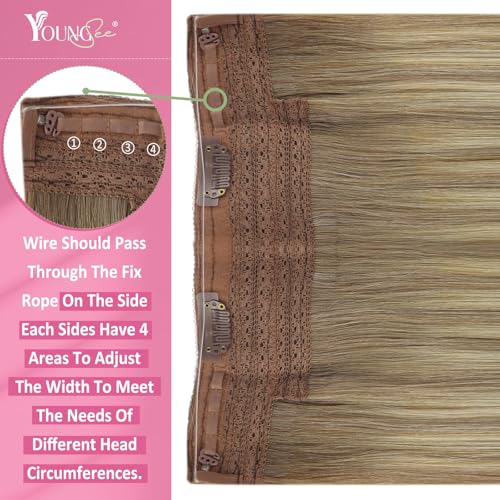 Image of YoungSee Wire Hair Extensions Light Brown Invisible Wire Hair Extensions Human Hair Balayage Light Brown Mix Platinum Blonde Fish Line Hair Extension with Extra Clips 85G 18 Inch