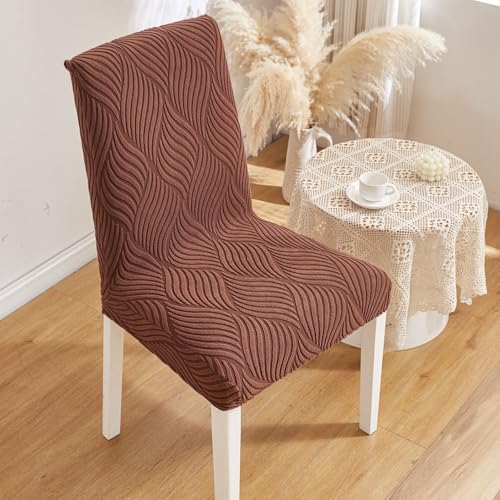 Image of HOMETHREADS Elastic Jacquard Chair Cover - Stretchable, Removable & Washable Short Dining Chair Slipcover | Durable Seat Protector for Kitchen, Dining Room & Banquet Chairs (Brown, Pack of 6)