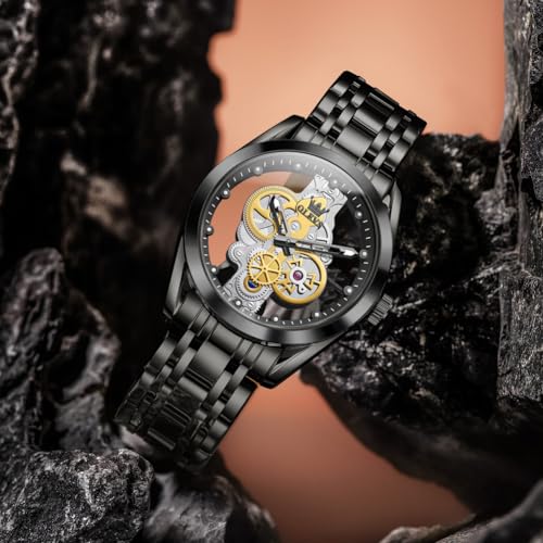 Image of OLEVS Mens Watch Luxury Skeleton Stainless Steel Fashion Wrist Watch Business Dress Analog Date Waterproof Luminous Gift Watch for Male