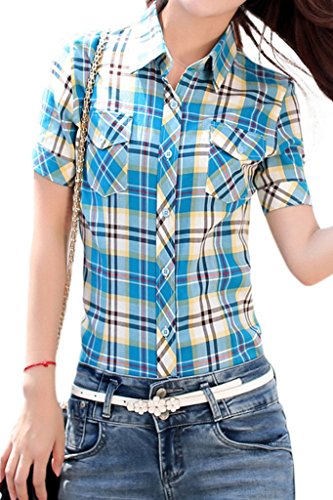 Lasher Women's Cotton V Neck Short Sleeve Plaid Shirt Button-up Shirts Blue L