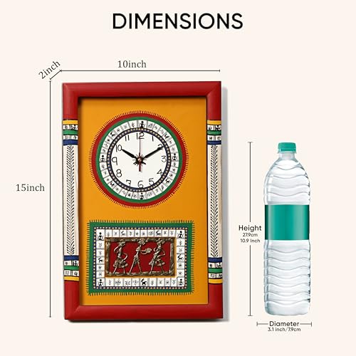 Image of AAKRITI ART CREATIONS Wall Clock Handcrafted Warli Art Yellow Dial with Glass Frame Red | Wall Clock for Home, Home Decoration | Lightweight Wooden wall Decor | Matte Finish