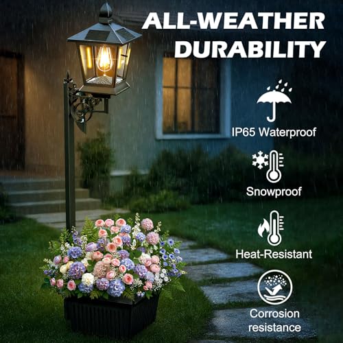 Amzxart 2 Pack Solar Lamp Post Lights, Metal Solar Lamp Post Lights with Planter Waterproof, Outdoor Solar Light Planter for Real or Fake Flowers, Decoration for Yard Patio Porch Pathway by Amzxart - Used condition - Image 2
