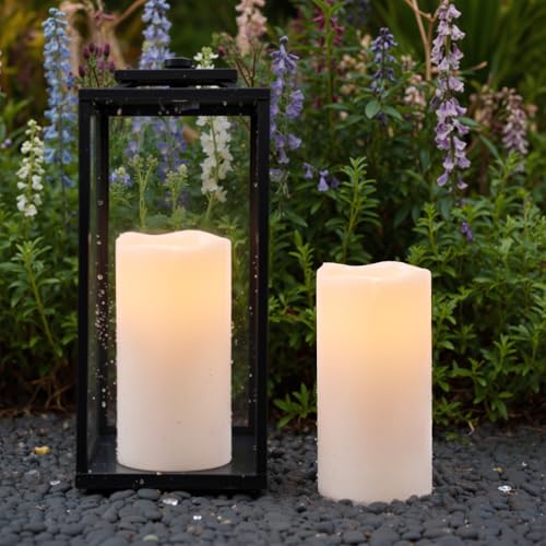 Image of GenSwin Waterproof Outdoor Flameless Candles Battery Operated with Remote Timer, 4 inch x 8 inch Large LED Pillar Candles Flickering for Indoor Outdoor Lanterns, Long-Lasting, Waterproof (White, Set of 2)