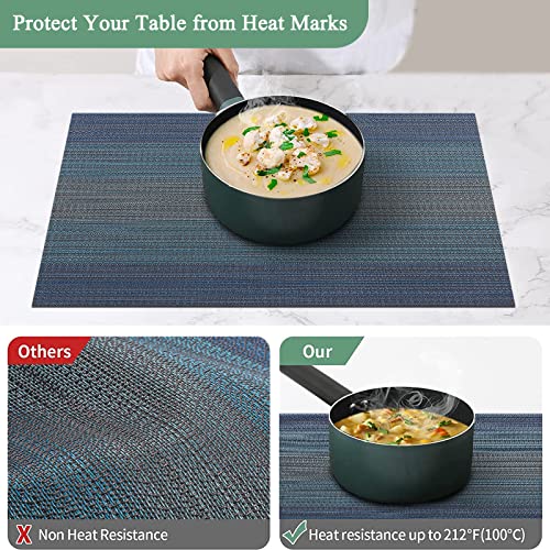 Pauwer Placemats Set of 6 Woven Placemats for Dining Table Indoor Outdoor Table Mats Heat Resistant Washable Vinyl Placemats for Kids, Dark Blue