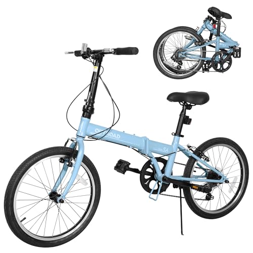 Brightpeak 20-inch 7-Speed Folding Bike - Lightweight Aluminum Frame, Adjustable Stem, Easy Foldable Bicycle for Commuting & Storage (Blue)